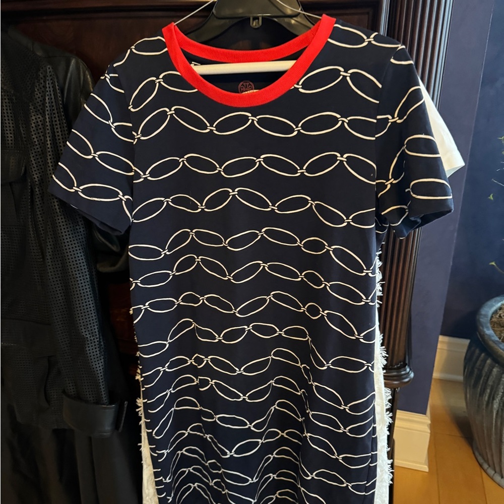 Navy Chain Print Dress with Red Collar
